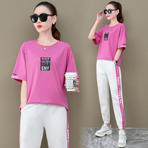 Sports Casual Suit Women 2021 Spring new fashion Chaogue Ocean Gas Aging Pure Cotton Short Sleeves Two Sets Summer Clothes
