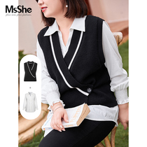MsShe large size womens 2021 micro fat autumn winter age age College style shirt top sweater vest two-piece set