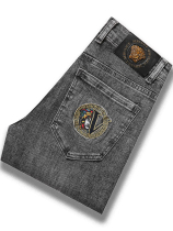 SyingLee jeans mens spring and summer fashion trendy brand Korean version elastic embroidery slim fit feet smoke gray pants