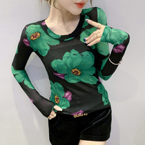 European Standing Autumn Winter New Fashion Printed Net Yarn T-shirt Woman Long Sleeve Blouse Foreign Gas Tight for a Undershirt Tide