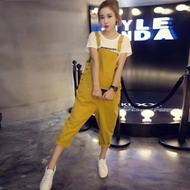 Tide card back with pants woman 2022 new loose Korean version one-piece 90% wide leg pants college wind big code suspension with pants woman