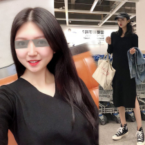 Autumn and winter side open V collar long sleeve base knitted dress female inner temperament over the knee student long slim