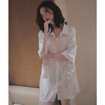 Ice Silk Mood nightdress female sexy white shirt pajamas large size long Model summer can wear home clothes boyfriend style