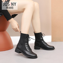 Zhuo Shini 2021 winter boots female new lace Korean leather Martin boots female middle heel slim boots fairy short boots