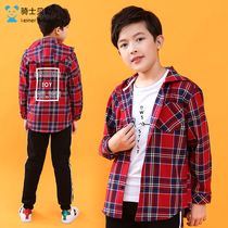 Boy Clothing Boy Plaid Shirt Spring Autumn 22 New CUHK Tong Hat Long Sleeve Shirt Child Pure Cotton Blouse Korean Version