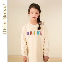 LittleNaive childrens clothing girl long dress embroidery autumn solid color pullover childrens casual skirt