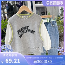 Nandaemun boy Korean version fake two-piece color-blocked letter printing round neck long-sleeved sweater childrens fashionable top