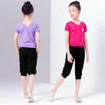 New dance suit Childrens pure cotton summer practice suit short-sleeved suit Girls double v-neck turnip pants two-piece set