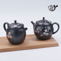 Japan often slippery burnt Zhaolong made Mei Yuan Zhao two made pottery mud white plum back hand pot Tianmu glaze urgent beard Tea Teapot