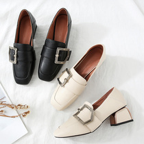 Single shoes womens 2020 new autumn British style small leather shoes square head soft leather medium heel loafers womens thick heel pedal