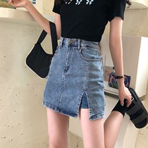 South Korea 2021 new summer high waist denim short dress 100 lap A character slim open fork half body dress hip skirt