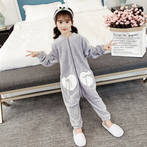 Childrens conjoined pajamas autumn and winter home clothing anti-kick jumpsuit flannel girl coral velvet pajamas thickened