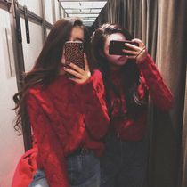 Red sweater women 2021 autumn and winter New thick sweater loose outside wear lazy wind pullover Super fairy top coat women