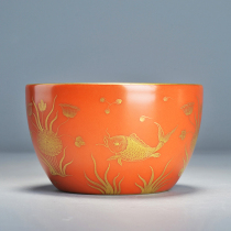 Grid collection-grade porcelain tire coral red ground 24K gold painted cup more than a year cup Tea cup Master cup Kung Fu tea set