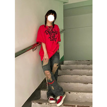 Retro Broken Cave Jeans Children S Chauber Spicy Girl in Europe and America Vibe Wind High waist Conspicuously Slim Straight Drum Mopping Pants