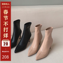 Plus velvet thick heel short boots womens winter new pointed high heels 2019 new all-match autumn winter net red boots