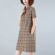Cotton plaid summer new shirt loose with long cover belly and leisure vintage retro collar linen shirt dress
