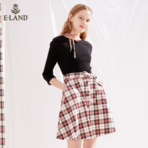 ELAND clothes love spring and autumn sweet temperament fake two stitching bow tie-up Plaid slim dress women