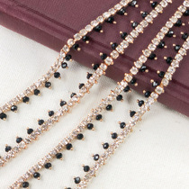 7mm wide black bead shiny gold base glass diamond chain rhinestone chain dense chain clothing shoes headdress