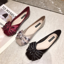 Net red wild single shoes womens 2021 summer new bow square head flat womens shoes wild Korean version shallow scoop shoes