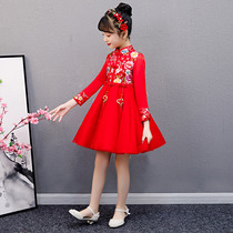 Girls cheongsam autumn and winter Chinese style red princess dress plus velvet New year childrens Tang dress little girl dress