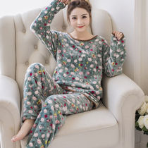 Autumn and winter thick flannel pajamas women winter long sleeve warm cartoon sweet cute coral velvet home suit