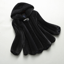 Minke Leather Coat Woman 2021 New Imported Ferret Fur Fur Fur Coats Lady with cap Benny Black Wave Pendulum