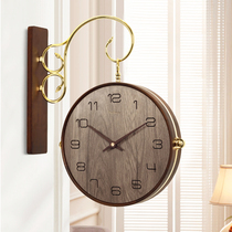 Modern simple light luxury double-sided clock New Chinese two-sided wall clock living room household walnut solid wall watch clock