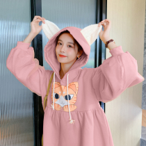 Pregnant woman cute sweet and beautiful dress 2021 autumn winter new lantern sleeves cartoon with flower foreign air big code pregnant woman with dress