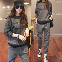 South Korea 2021 autumn and winter new womens sports cotton set large size loose plus velvet sweater slim two-piece set