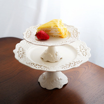 (Very Beautiful) Retro Hollowed-out Wheat Ears Ceramic High Foot Cake Pan Snack Dish Wedding Celebration Birthday Party Swing