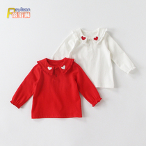 Little virgin baby red long-sleeved T-shirt spring and Autumn thin base shirt Doll collar baby princess autumn style