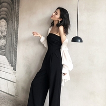 Bandeau jumpsuit womens 2021 summer one-shoulder thin high waist sexy temperament black fashion wide leg pants womens thin