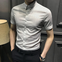 Mens standard summer striped mens short-sleeved shirt Casual slim high-end Korean version of business free ironing mens shirt