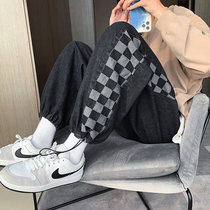ulzzang jeans Chessboard Lattice Design Sense Drawing Rope Bunch legs 90% trouser port Wind loose Vibe High Street Yuppie Handsome