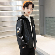 Boys Leather Jacket Spring and Autumn Style 2022 New Childrens Autumn Leather Jacket Middle-aged Childrens Hooded Fried Street Thin Top