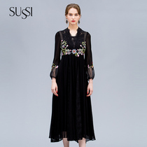 SUSSI ancient color spring new products brilliant years temperament black V-neck court sleeve dress 29174010