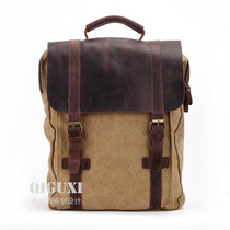 Qiguxi men's and women's tide bag canvas backpack retro leather backpack Korean schoolbag casual computer bag tide travel bag