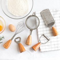 Wanton Moon Smiley face Wooden handle whisk Peeler Dinner knife fork spoon shovel Stainless Steel kitchen baking gadget set