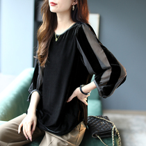 Baoshi Li round neck loose top autumn velvet lantern sleeve stitching mesh chiffon shirt 2021 black new womens
