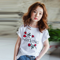 2021 girls Korean summer dress mother and daughter Rose short sleeve T-shirt parent-child cotton cotton hole base shirt