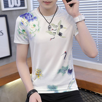 Mens T-shirt short sleeve Ice Silk Stretch Slim Chinese Style Thin half sleeve Korean trend summer ethnic style shirt