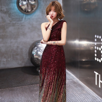 Starry Sky gradient evening dress skirt shoulder light luxury banquet temperament host annual meeting light luxury small high-end long female