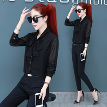 2019 Autumn New Korean fashion foreign style bow women chiffon shirt long sleeve black shirt top