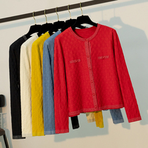 Spring and autumn small fragrant wind knitted cardigan coat round neck foreign style short Joker gold thread red outside wear sweater women