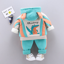 Childrens clothing boys winter clothing set new baby childrens clothing two-piece plus velvet thickened male baby clothes to keep warm