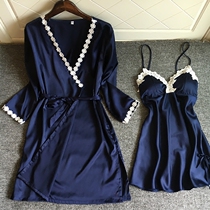 Japanese sexy harnesses pyjamas two sets of ice silk with chest cushion sleeping skirts for women Summer thin and long style pyjamas home clothes