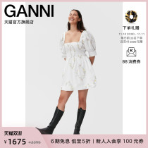 (The same style as the star) Ganni womens new white floral puff sleeve blouse dress F7227287