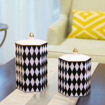 Modern simple black and white diamond porch coffee table dining table living room storage cans decorative cans jars ceramic ornaments