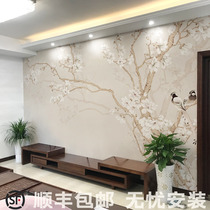 Retro wallpaper TV background Wall new Chinese wallpaper seamless custom mural flower and bird living room bedroom wall cloth